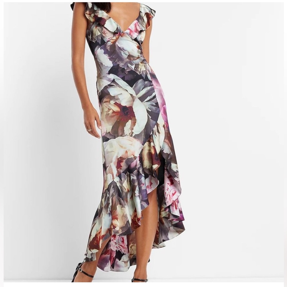 Express Floral Morif Floral V-neck Satin Pink black high low wedding guest Dress